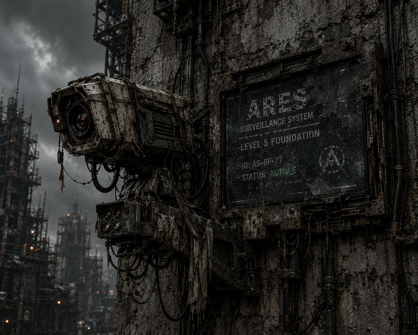 Corroded ARES camera array and status panel bolted to a foundation wall above the Level 5 structures.