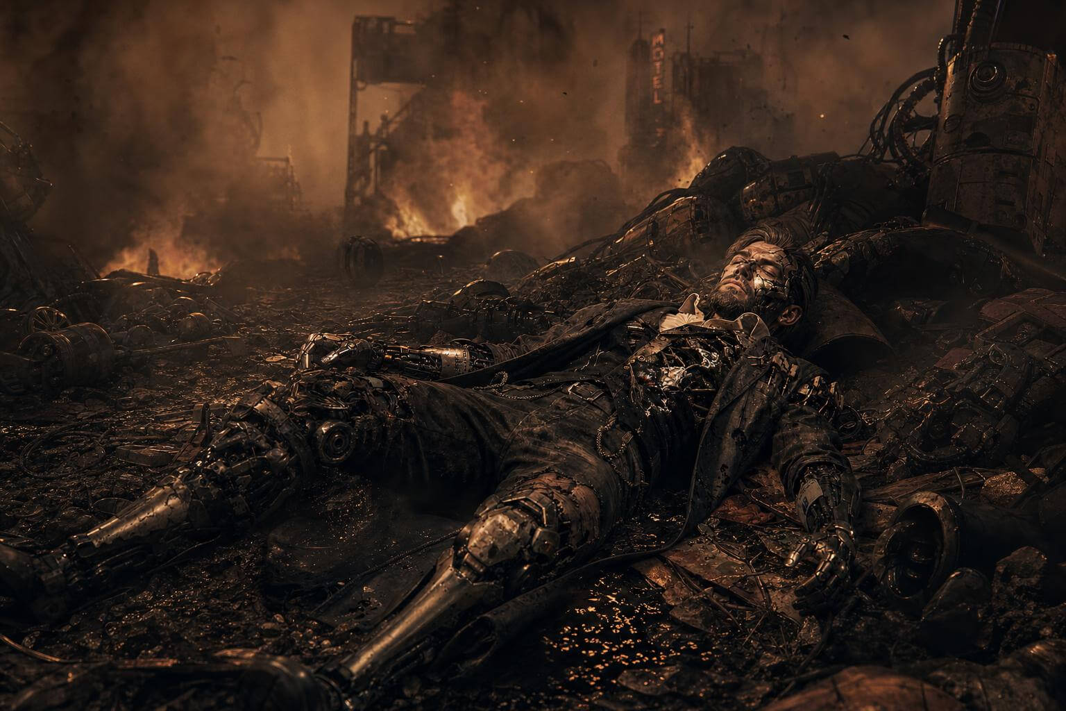 Pale-Iron lying shattered among burning wreckage and machine debris in the smoke-filled Boneyard.