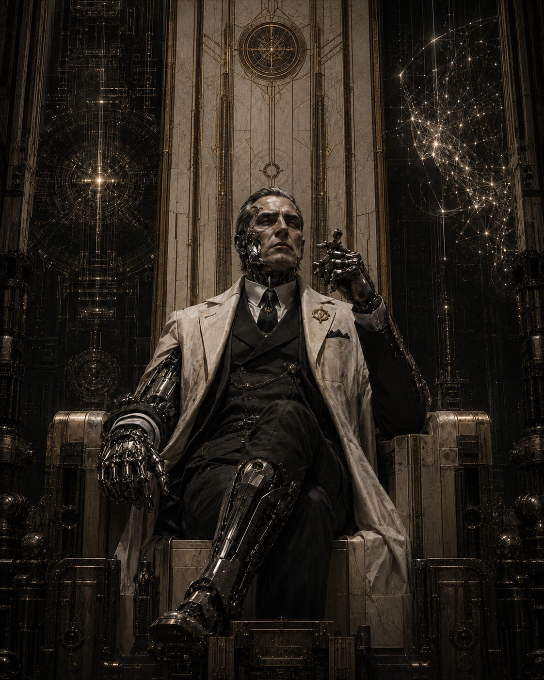 Arthur Obediah Chainsaw seated in a monumental mechanical office.