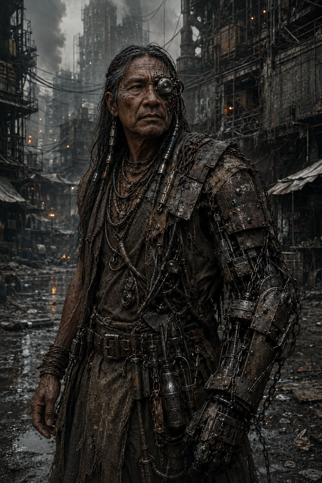 Corvus, an older engineer with long hair, a monocle optic, and a plated mechanical arm, standing in a ruined industrial settlement.