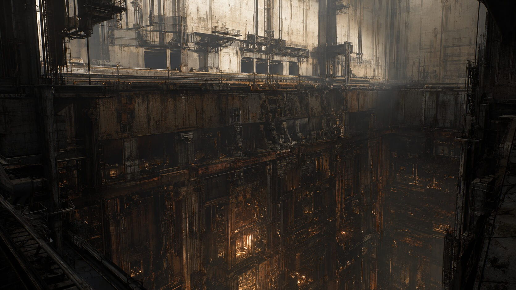 ARES optical view through immense industrial structures and amber haze.