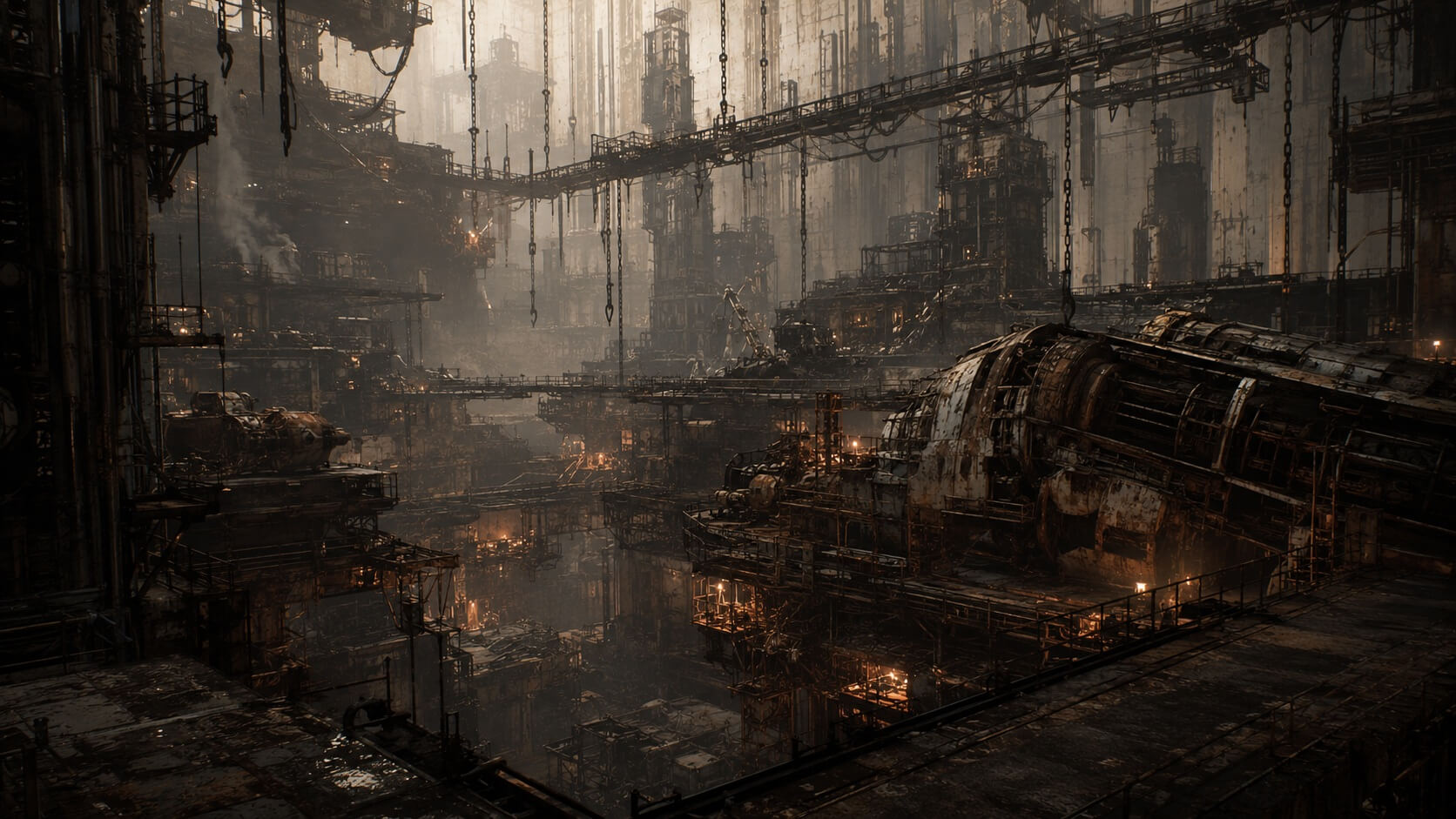 Wide Level 5 environment filled with industrial platforms, bridges, chains, and warm points of light.