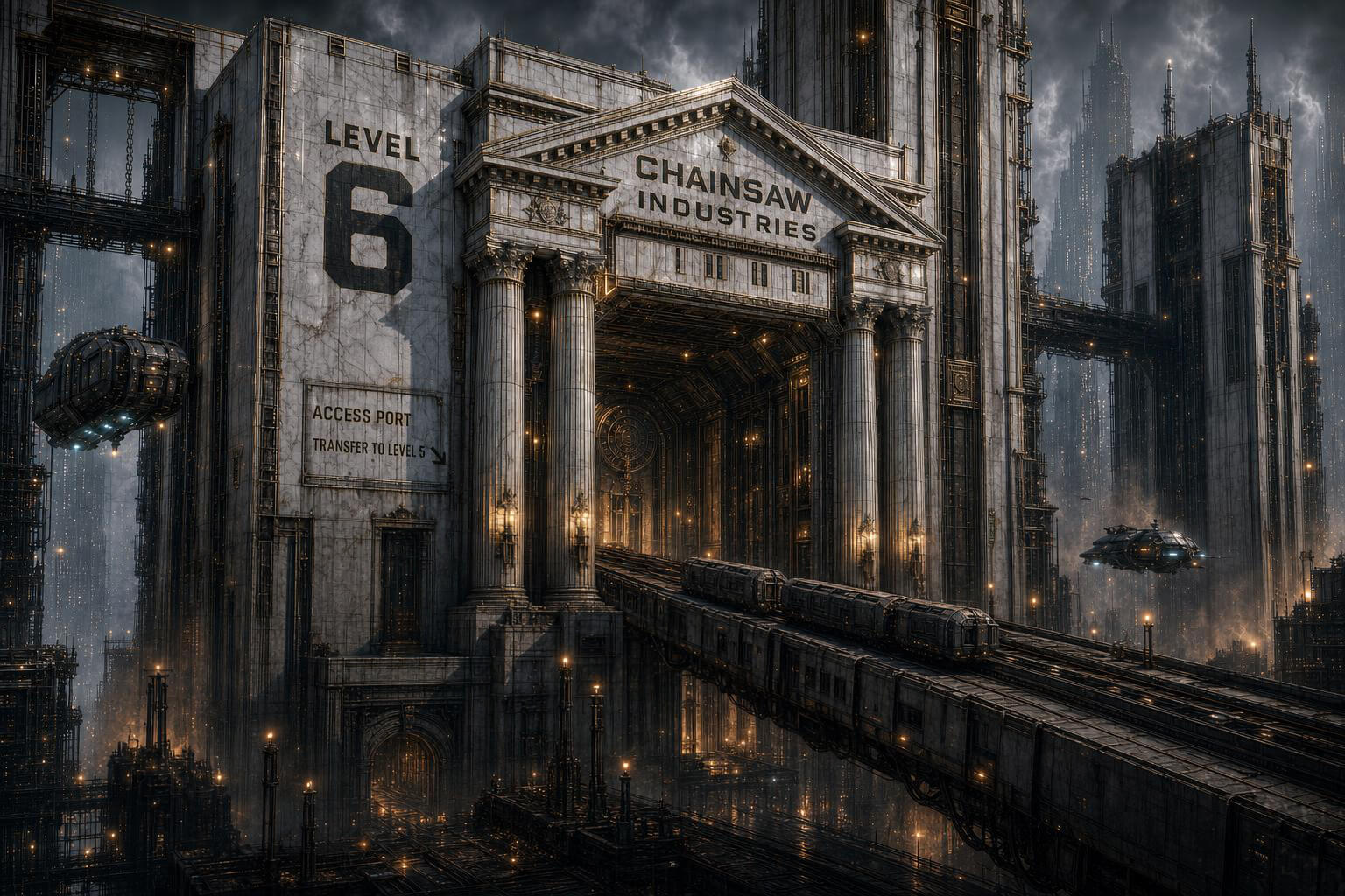A monumental marble gateway of columns stencilled CHAINSAW INDUSTRIES and LEVEL 6, a freight train departing on elevated rails into smoke toward Level 5.