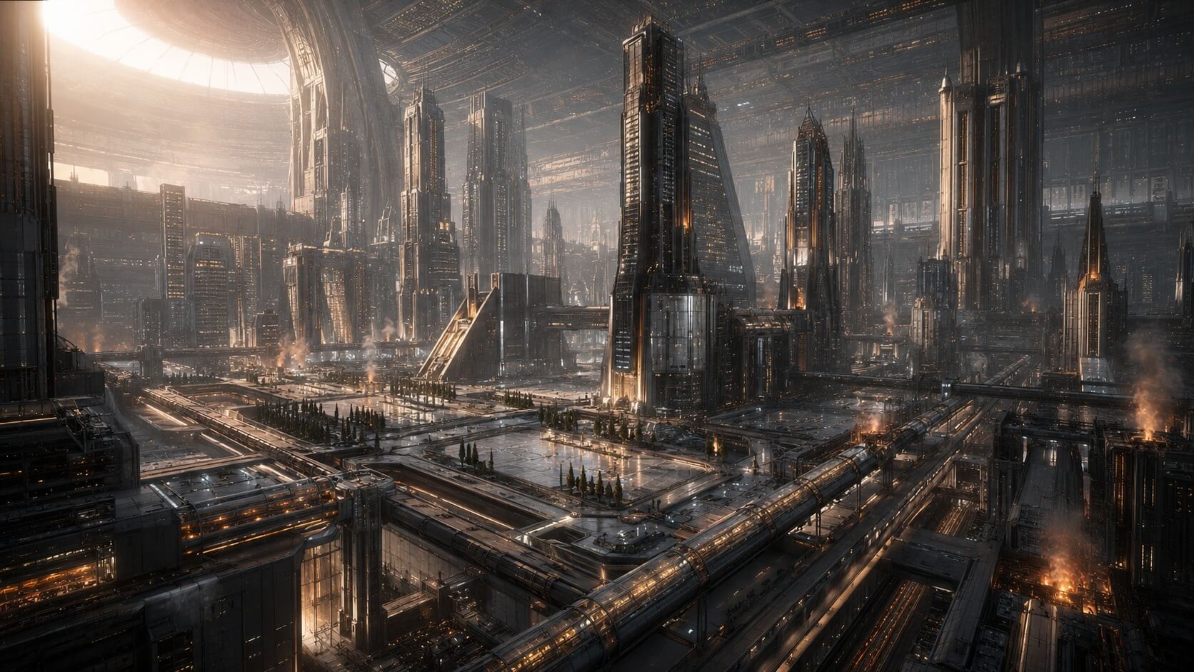 A gleaming enclosed corporate megacity of towers, transit tubes, and plazas beneath a vast domed ceiling.