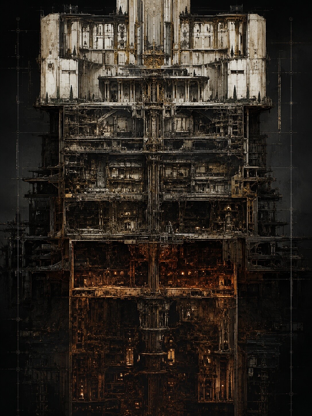 Vertical cutaway of Decalon, from pale upper structures through dark layers to dense amber machinery below.