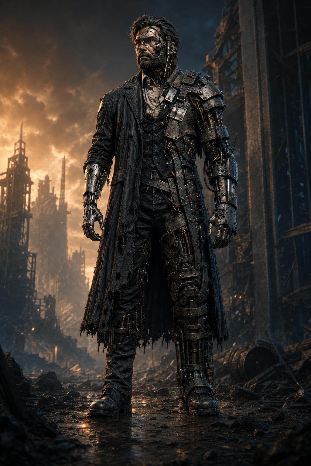Full-length frame of Pale-Iron standing repaired in a ruined industrial wasteland at dusk, plated arms and rebuilt leg exposed beneath a torn coat.