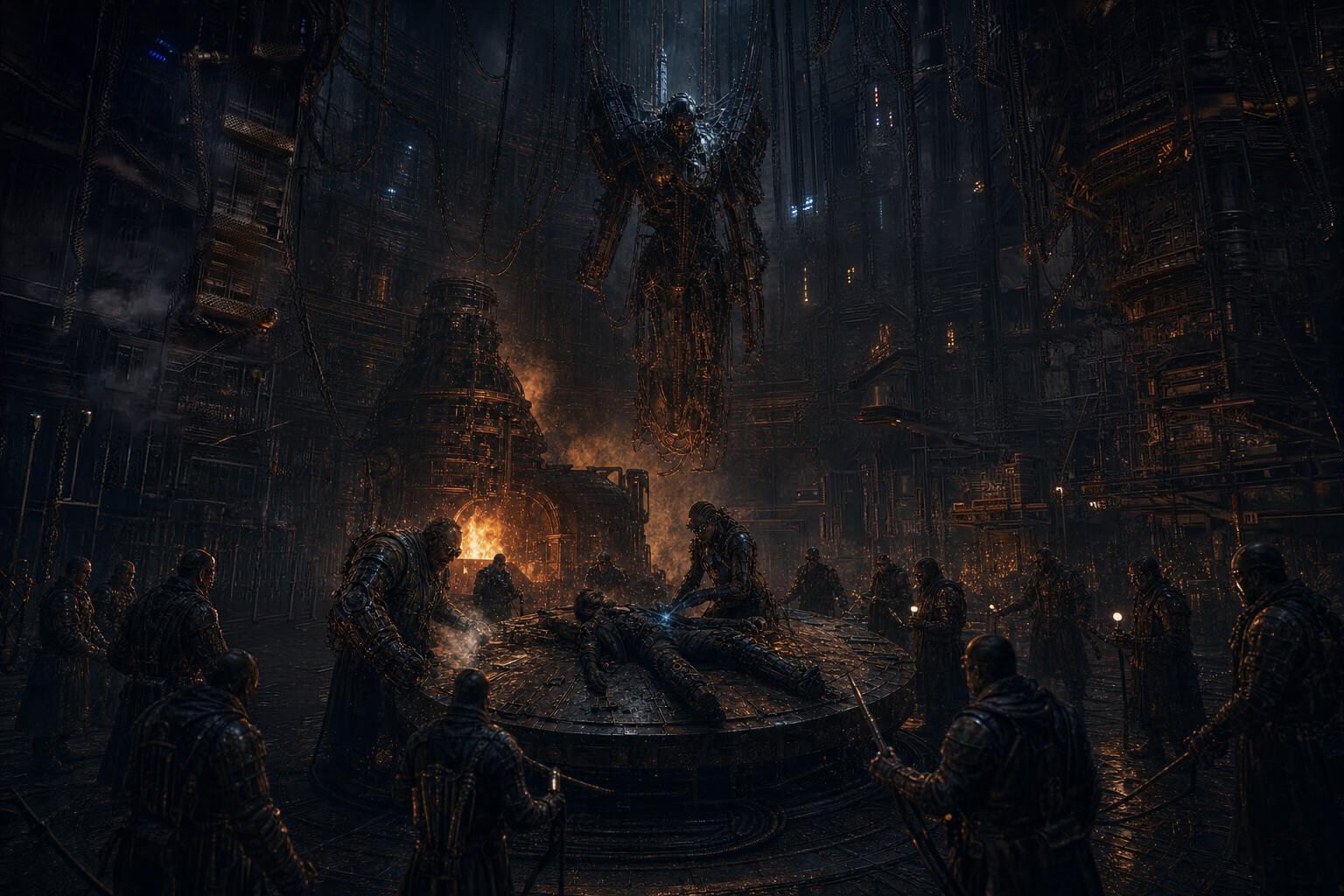 Corvus and Echo working over Pale-Iron on the anvil, welding sparks lighting the dark forge.